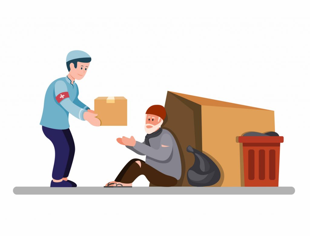 muslim man giving food box to homeless people, volunteer help and support poor old man. in cartoon flat illustration vector isolated in white background
